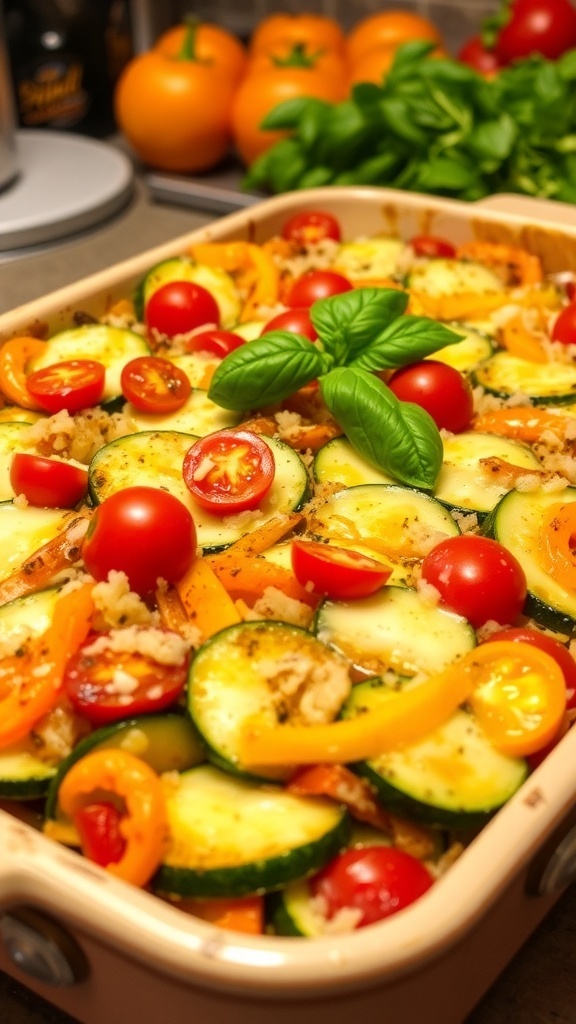 A vibrant vegetable casserole with zucchini, bell peppers, and tomatoes, topped with melted cheese, garnished with basil.